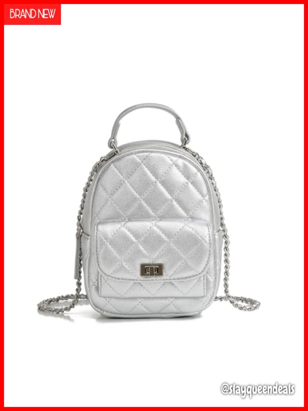 Silver Quilted Vegan Leather Mini Backpack, 3 Ways to Wear Chain Strap Handbag
